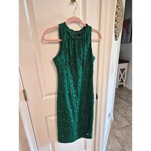 Trina Turk Emerald Green Lace Sleeveless Sheath Dress High Ruffle Neck Midi Sz 2